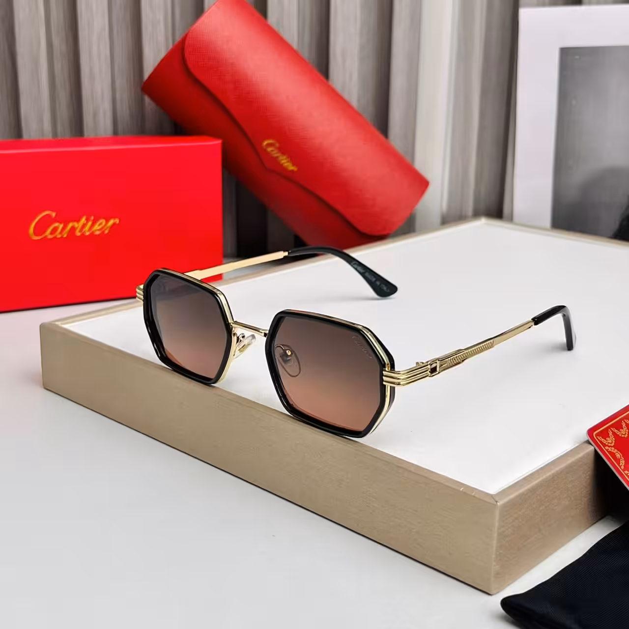 WhatsApp Image 2025-10-16 at 6.27.44 PM Cartier Gold Hexagon Brown Unisex Gradient Sunglass