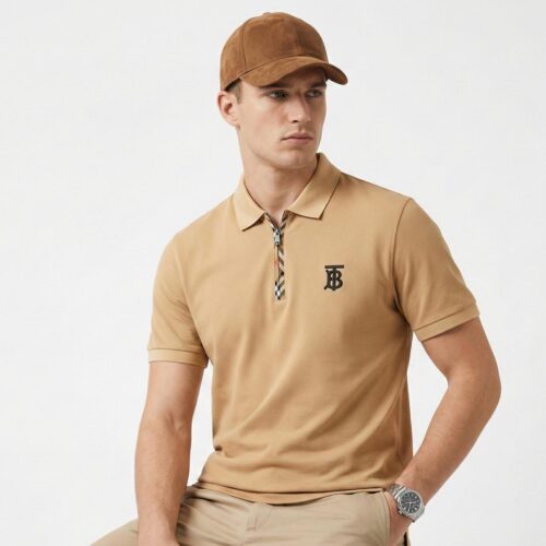 Burberry Khaki Polo Shirt with Monogram Logo & Check Trim