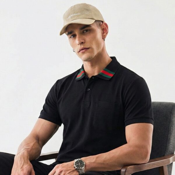 Gucci Black Polo Tshirt with Web Stripe Collar
