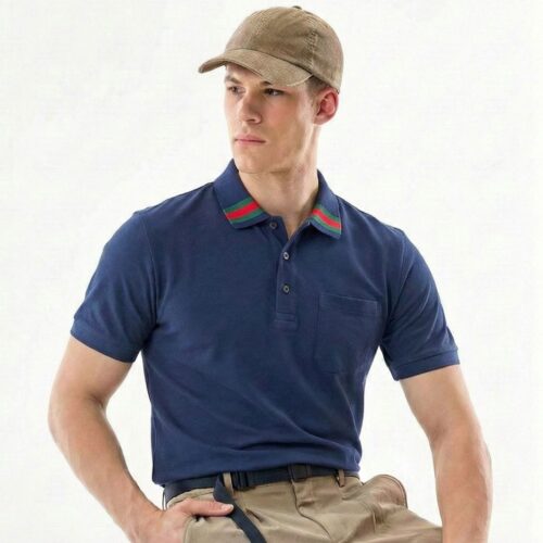 Gucci Blue Polo Tshirt with Web Stripe Collar