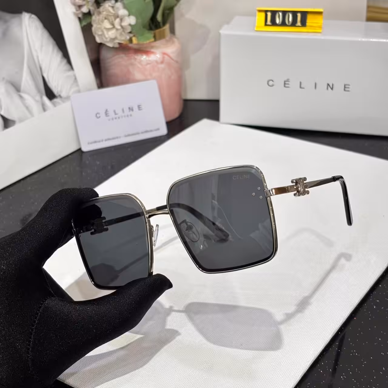 Celine Square Oversized Black Tint Silver Frame Women’s Sunglass