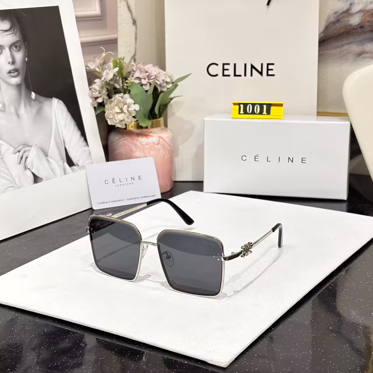 Celine Square Oversized Black Tint Silver Frame Women’s Sunglass