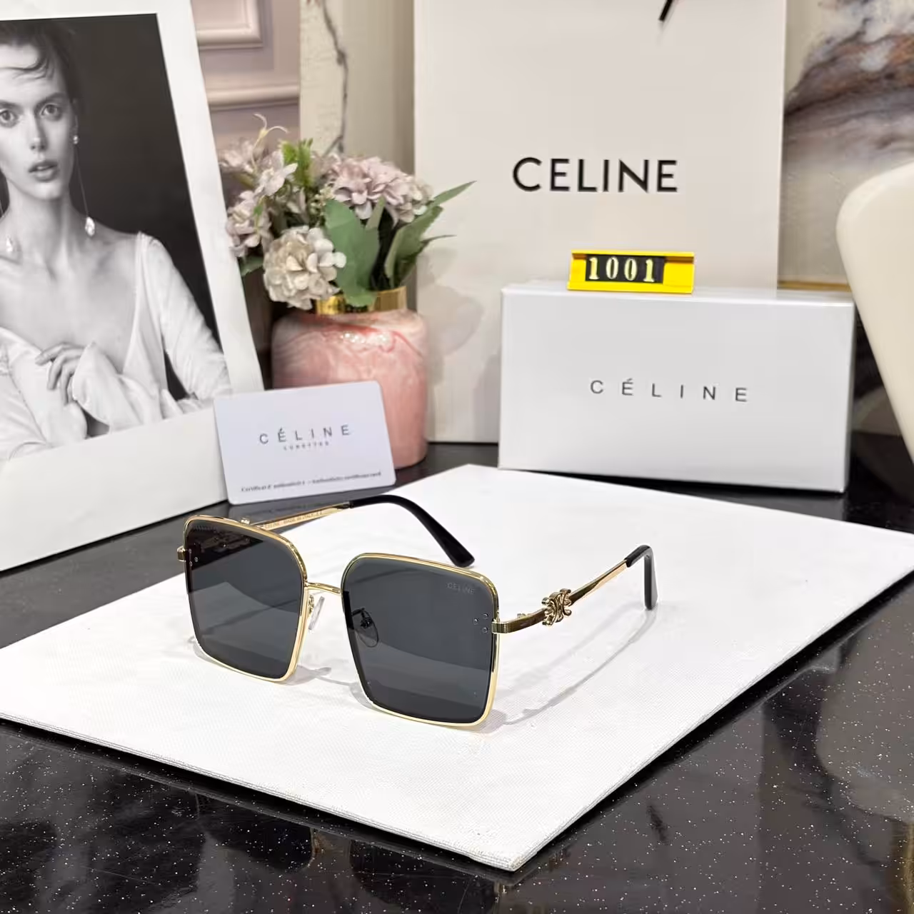 Celine Square Oversized Black Tint Gold Frame Women’s Sunglass