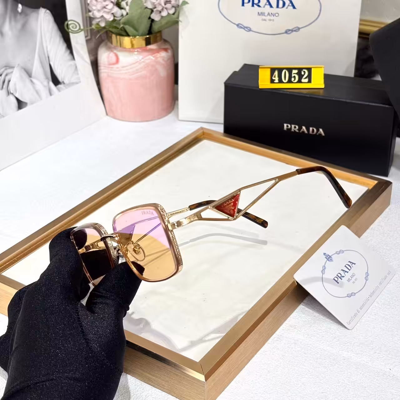 Prada Square Frame Pink Purple Tint Unisex Sunglass