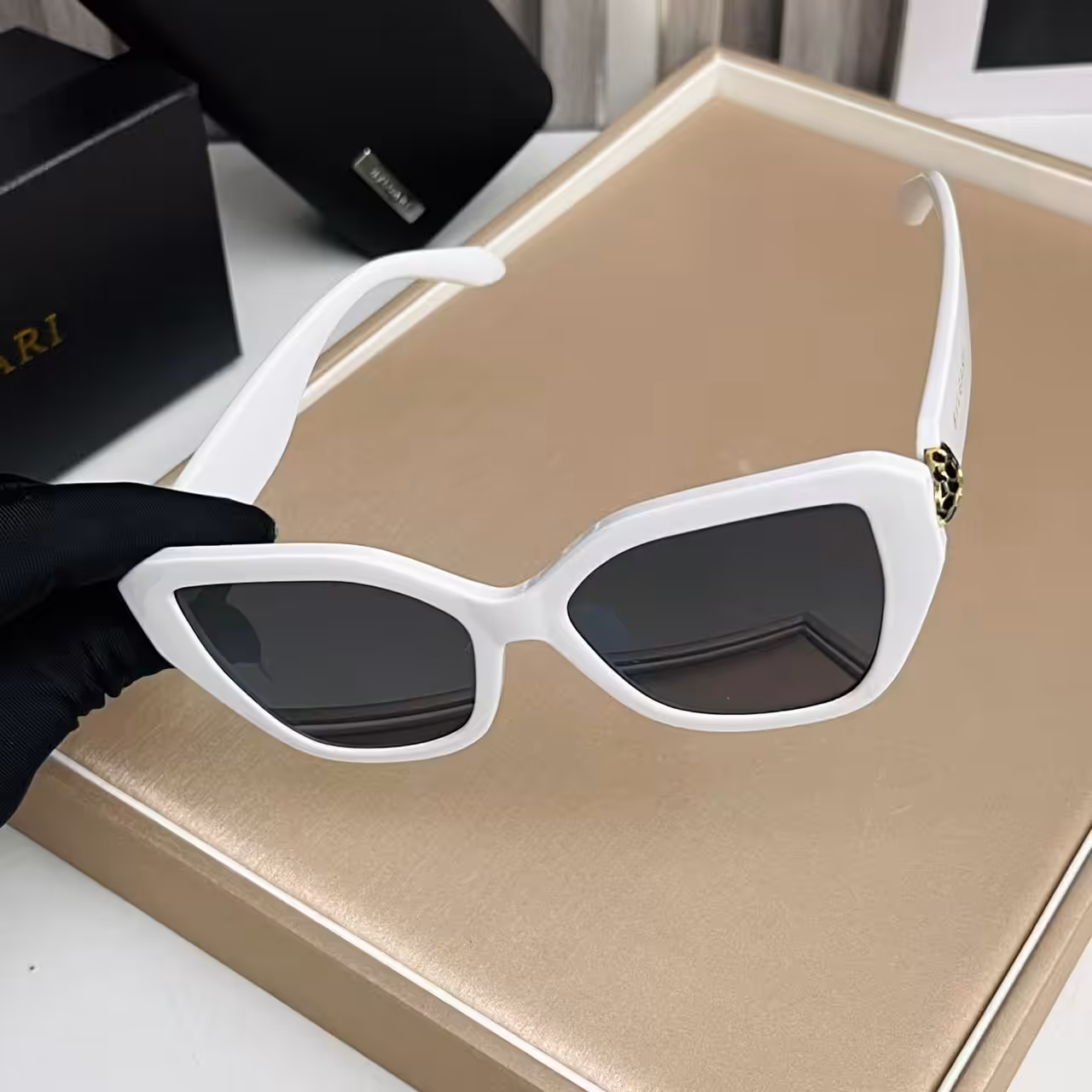 Bvlgari Cat-Eye Sunglasses White Frame with Gold Serpenti Accent