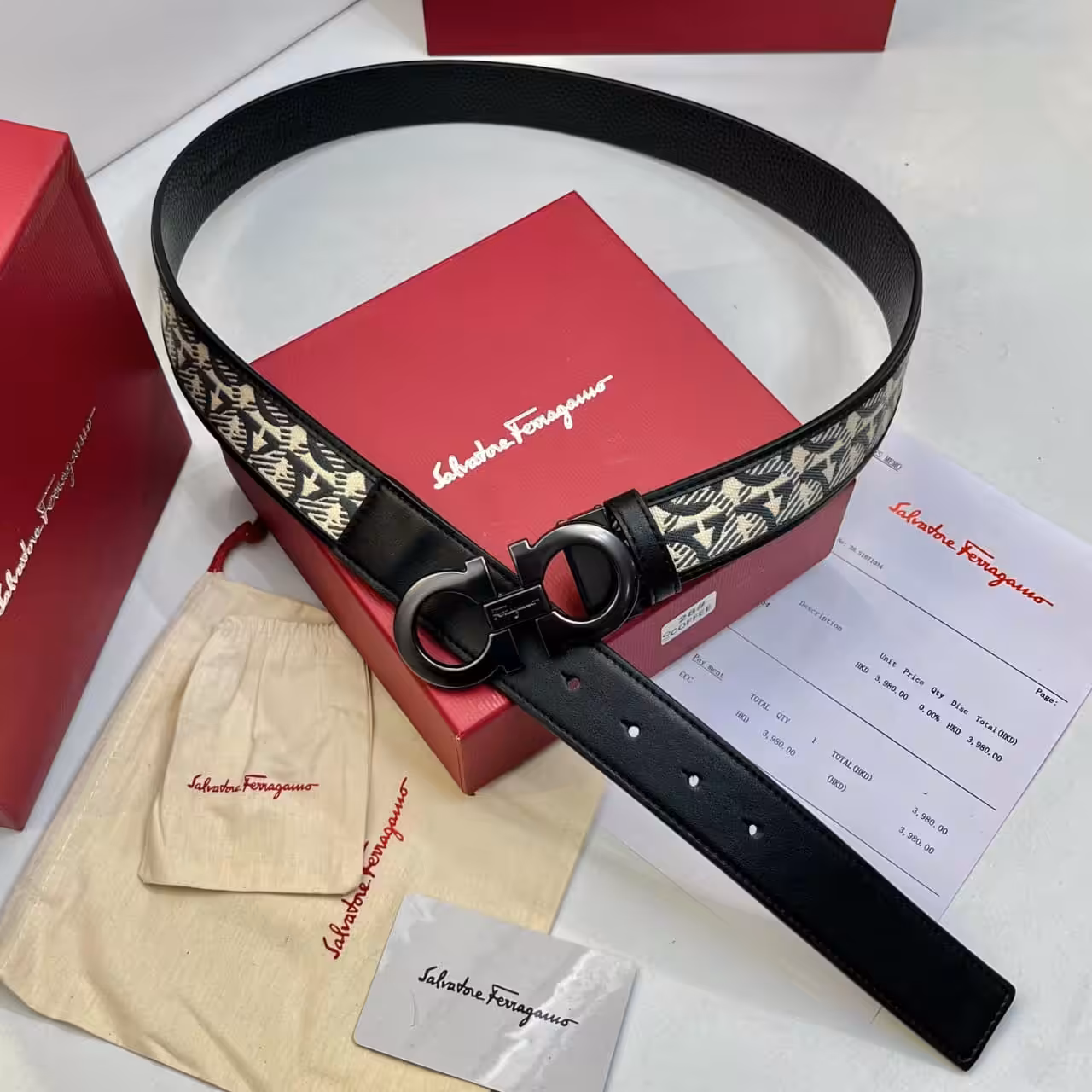 Salvatore Ferragamo Black Monogram Reversible Gancini Men's Belt