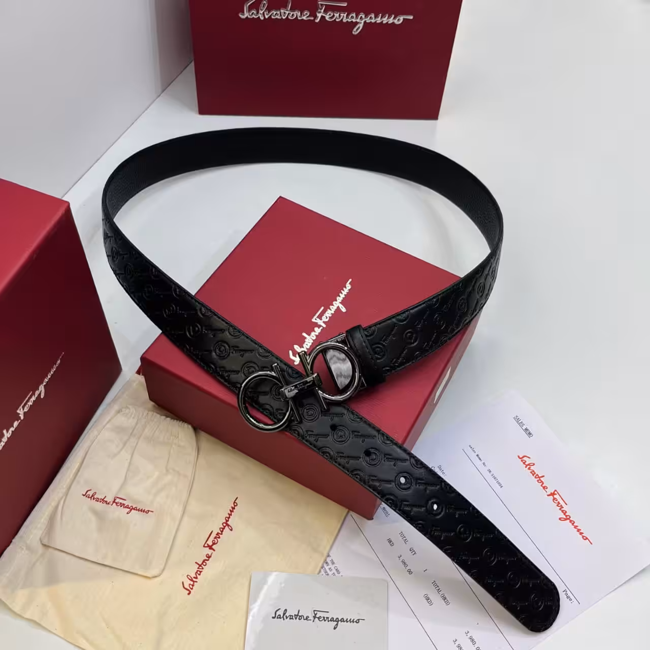 Salvatore Ferragamo Black Embossed Gancini Men's Belt