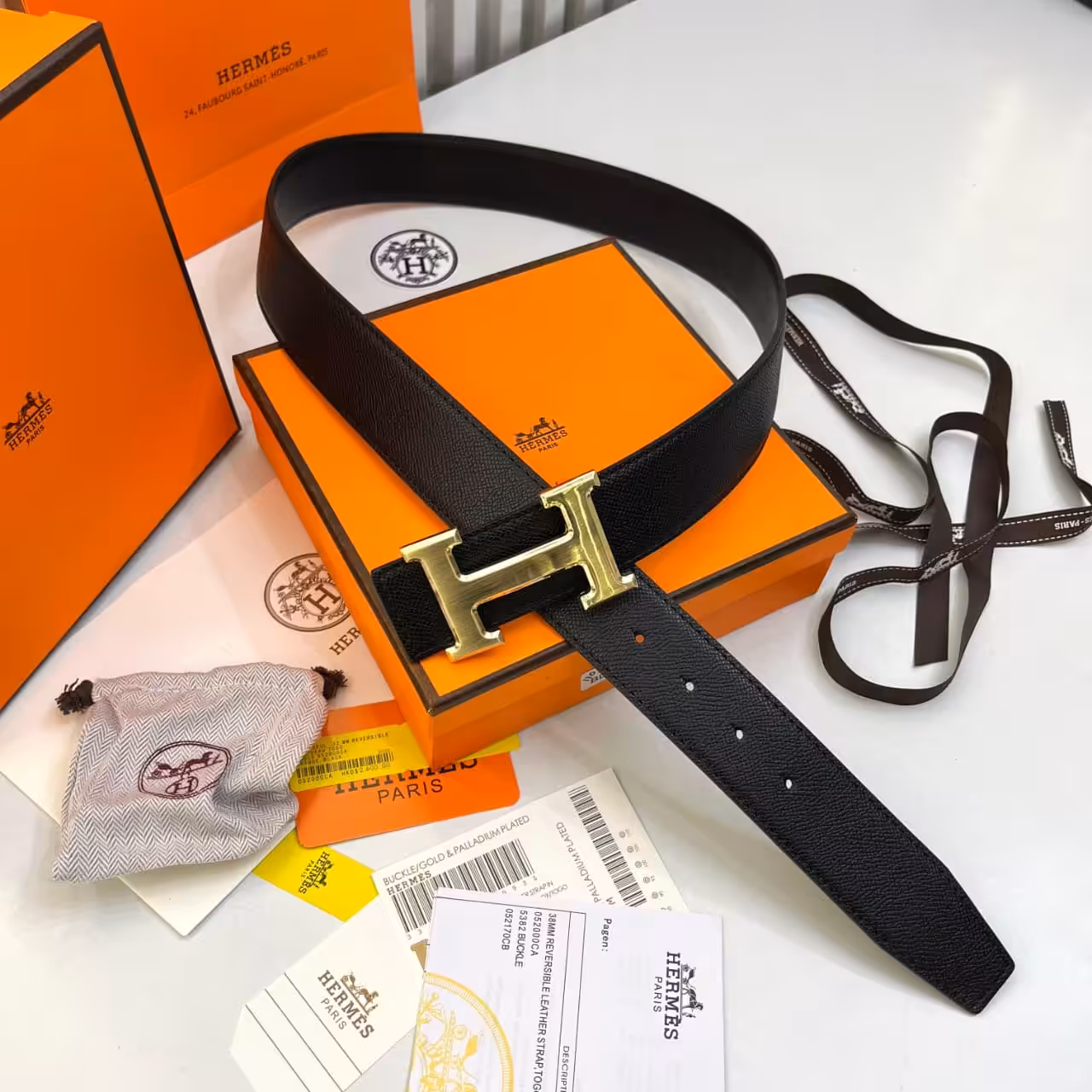 Hermes Black H-Buckle Gold Men's Belt