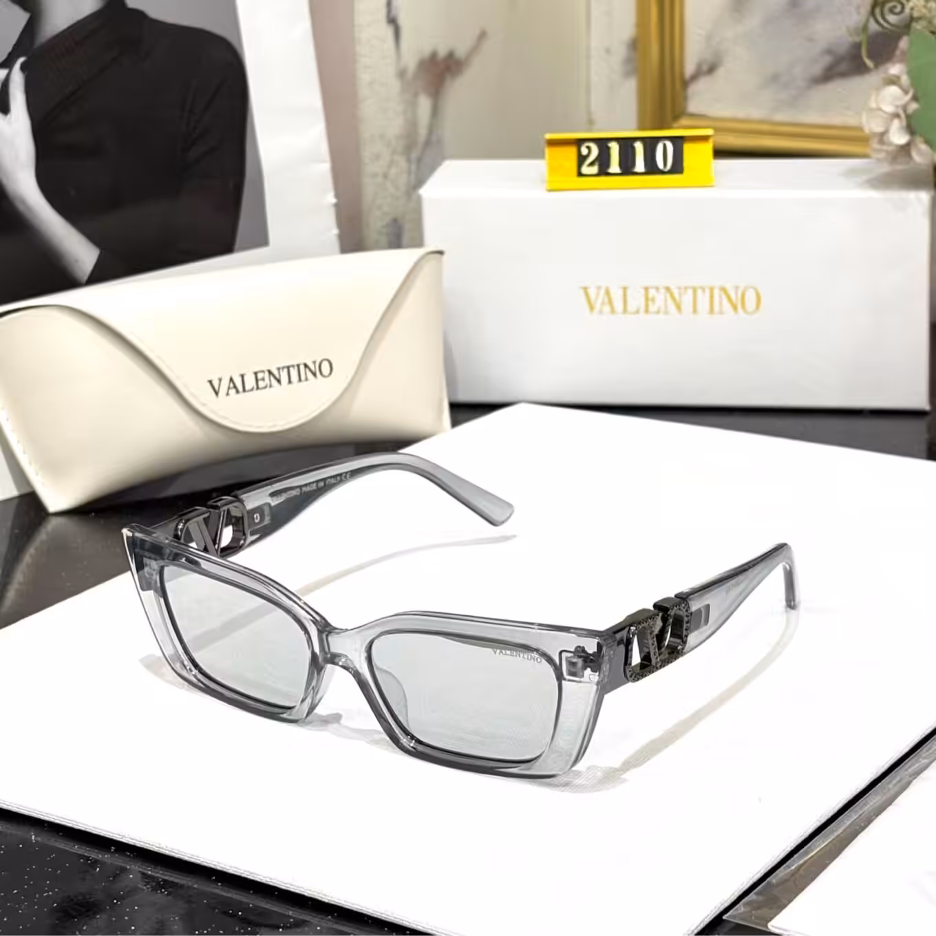 Valentino Grey Crystal Rectangular Shades