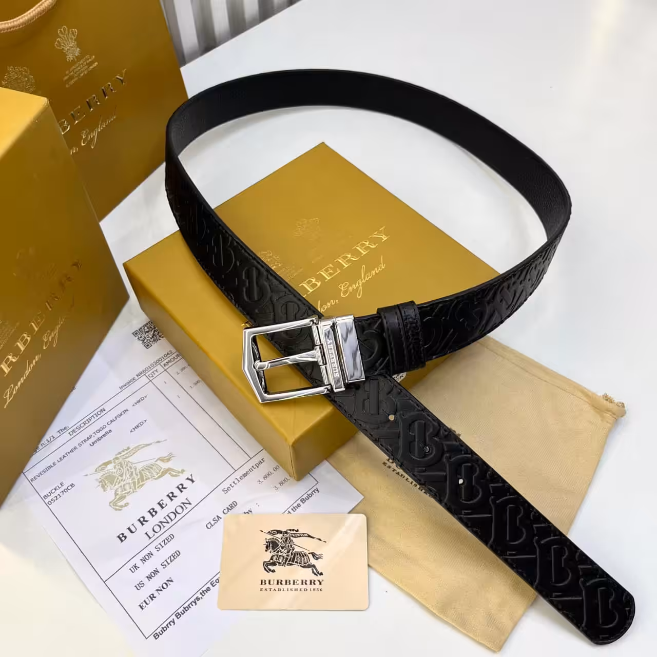 Burberry Black Embossed TB Buckle Belt