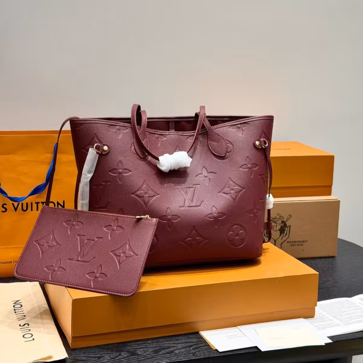 Louis Vuitton Wine Embossed Neverfull MM Tote Bag (With Box )