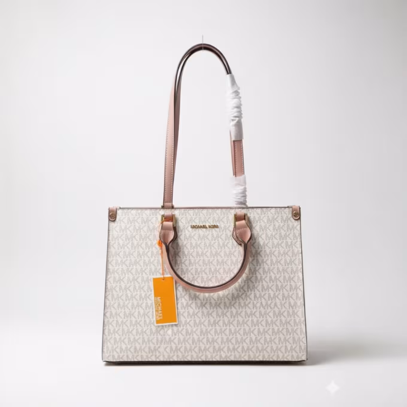 Michael Kors Sheila Large Beige Pink Signature Logo Tote Bag