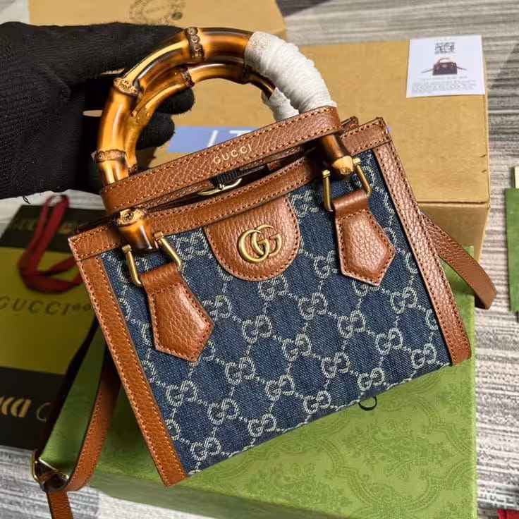 Gucci Diana Mini Blue Canvas Hand Bag (With Box)