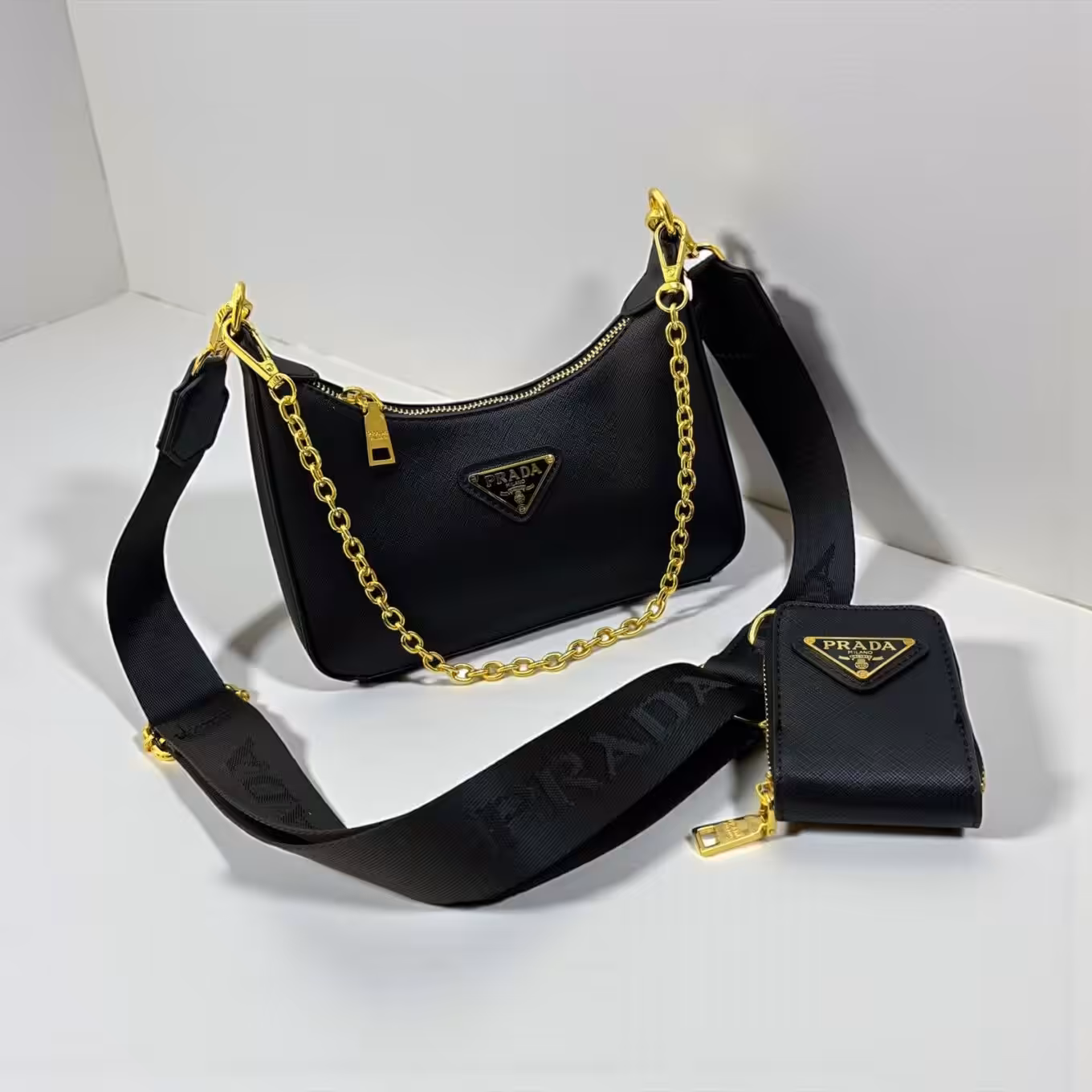 Prada Re-Edition Multi Pochette Black Sling Bag (With Box)