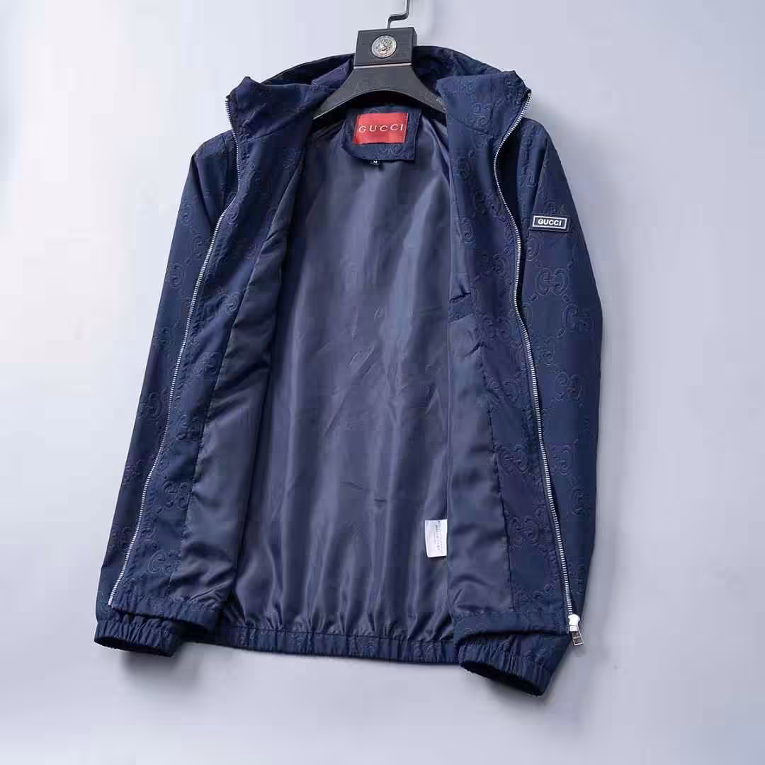 Gucci GG Embossed Blue Hooded Wind Cheater Jacket