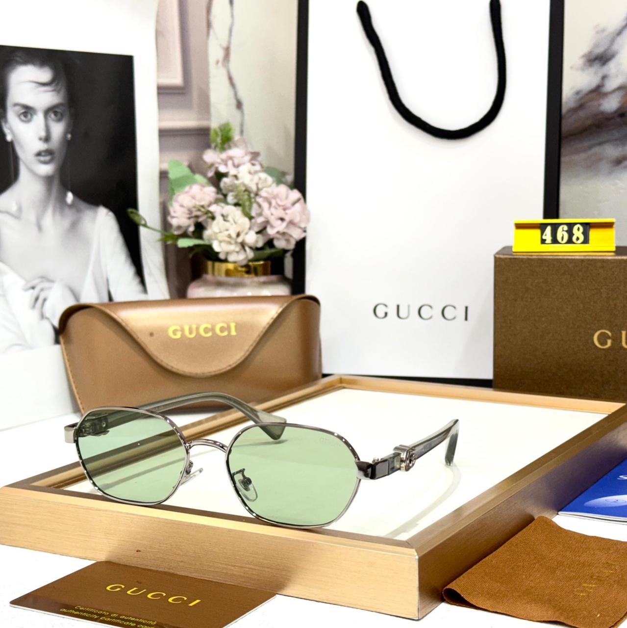 Gucci Silver Green Oval Unisex Sunglasses