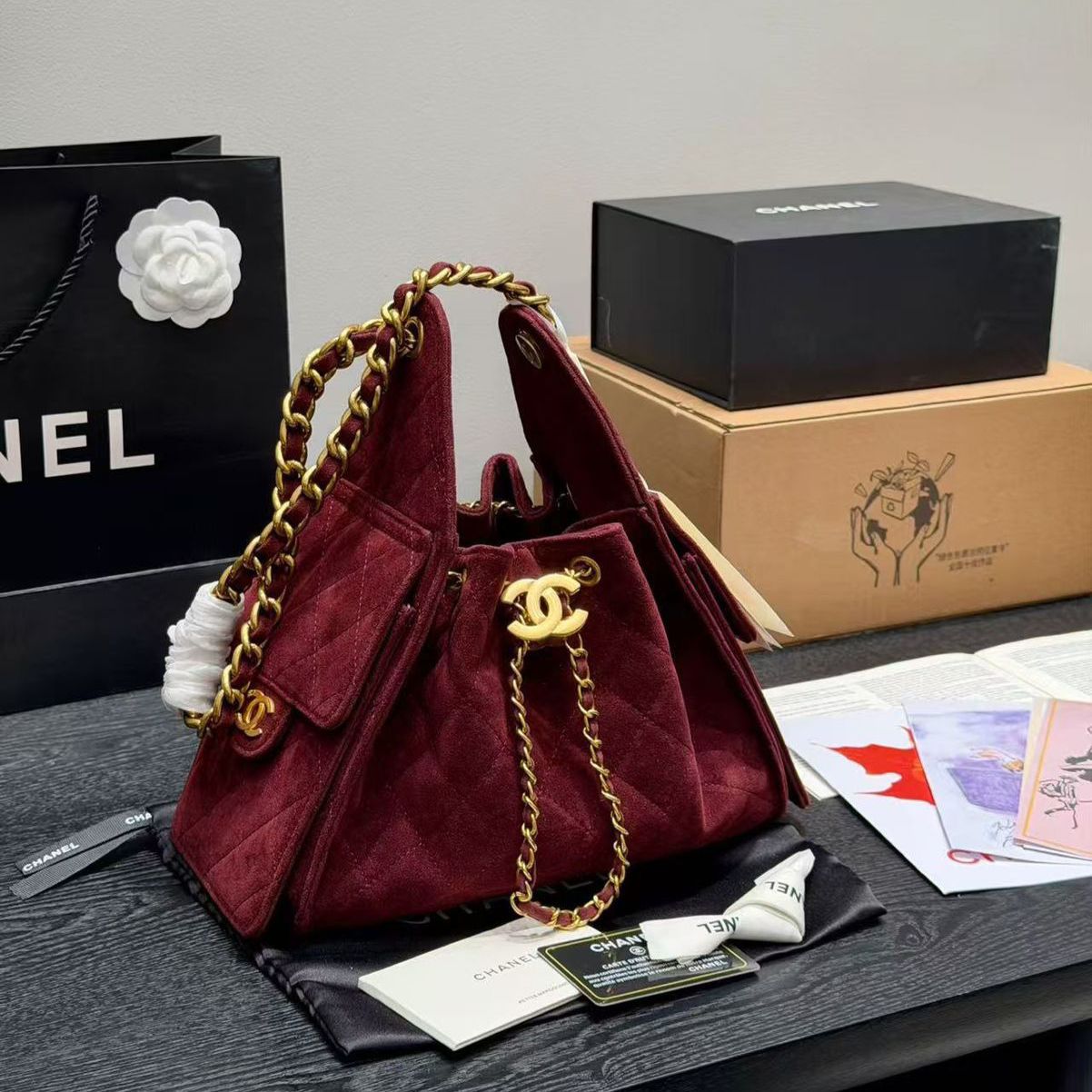 Chanel Iconic 25s Wine Color Sued Premium Hobo Bag (With Box)