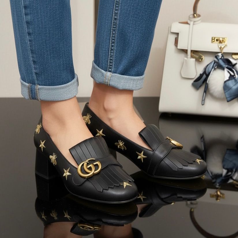 Gucci Marmont GG Bee Mid Heel Pump