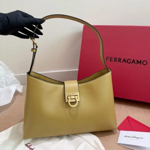 Salvatore Ferragamo Trifolio Mustard Yellow Large Shoulder Bag (With Box)