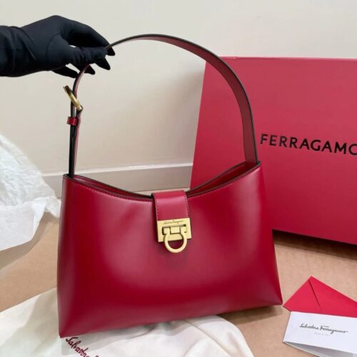 Salvatore Ferragamo Trifolio Red Large Shoulder Bag (With Box)